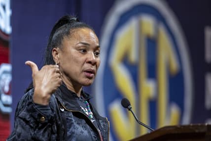 Oct 19, 2023; Birmingham, AL, USA; South Carolina Gamecocks head coach Dawn Staley talks with the media during the SEC Basketball Tipoff at Grand Bohemian Hotel Mountain Brook. Mandatory Credit: Vasha Hunt-USA TODAY Sports