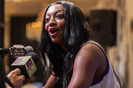 Oct 19, 2023; Birmingham, AL, USA; LSU Tigers forward Angel Reese talks with the media during the SEC Basketball Tipoff at Grand Bohemian Hotel Mountain Brook. Mandatory Credit: Vasha Hunt-USA TODAY Sports