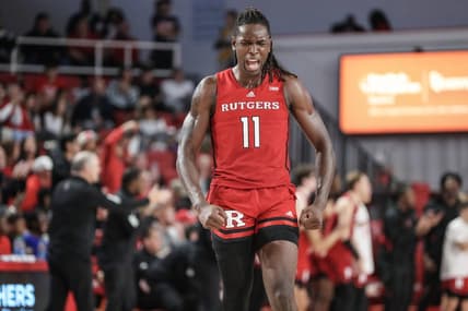 Oct 21, 2023; Queens, NY, USA;  Rutgers Scarlet Knights center Clifford Omoruyi (11) reacts after the St. John's Red Storm call a time out in the second half at Carnesecca Arena. Mandatory Credit: Wendell Cruz-USA TODAY Sports
