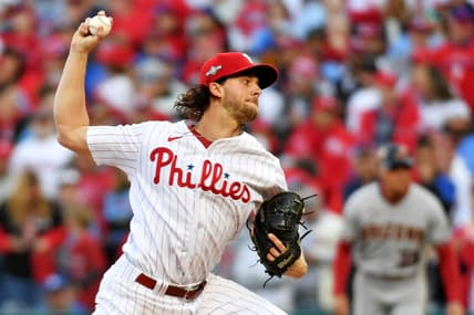 Oct 23, 2023; Philadelphia, Pennsylvania, USA; Philadelphia Phillies starting pitcher Aaron Nola (27) pitches during the first inning against the Arizona Diamondbacks in game six of the NLCS for the 2023 MLB playoffs at Citizens Bank Park. Mandatory Credit: Eric Hartline-USA TODAY Sports