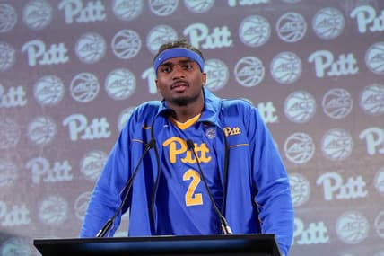 Oct 25, 2023; Charlotte, NC, USA;  Pittsburgh Panthers player Blake Hinson speaks to the media during the ACC Tipoff at Hilton Charlotte Uptown. Mandatory Credit: Jim Dedmon-USA TODAY Sports