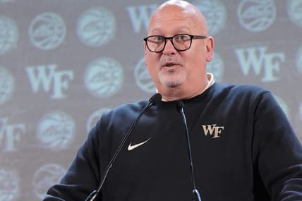 Oct 25, 2023; Charlotte, NC, USA;   Wake Forest coach Steve Forbes  speaks to the media during the ACC Tipoff at Hilton Charlotte Uptown. Mandatory Credit: Jim Dedmon-USA TODAY Sports