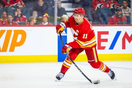 Oct 24, 2023; Calgary, Alberta, CAN; Calgary Flames center Mikael Backlund (11) shoot the puck against the New York Rangers during the second period at Scotiabank Saddledome. Mandatory Credit: Sergei Belski-USA TODAY Sports