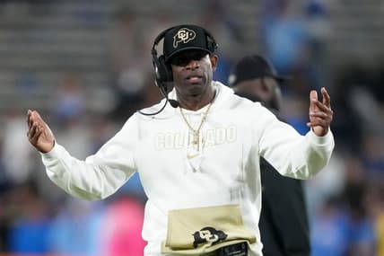 Oct 28, 2023; Pasadena, California, USA; Colorado Buffaloes head coach Deion Sanders reacts against the UCLA Bruins in the second half at Rose Bowl. Mandatory Credit: Kirby Lee-USA TODAY Sports