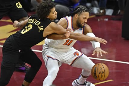 Oct 31, 2023; Cleveland, Ohio, USA; Cleveland Cavaliers guard Craig Porter (9) defends New York Knicks guard Jalen Brunson (11) in the fourth quarter at Rocket Mortgage FieldHouse. Mandatory Credit: David Richard-USA TODAY Sports