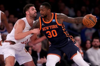 Nov 1, 2023; New York, New York, USA; New York Knicks forward Julius Randle (30) controls the ball against Cleveland Cavaliers forward Georges Niang (20) during the first quarter at Madison Square Garden. Mandatory Credit: Brad Penner-USA TODAY Sports