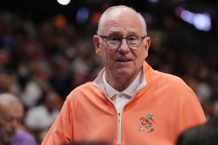 Nov 1, 2023; Miami, Florida, USA; Miami Hurricanes head coach Jim Larranaga in attendance for the game between the Miami Heat and the Brooklyn Nets during the first half at Kaseya Center. Mandatory Credit: Jasen Vinlove-USA TODAY Sports