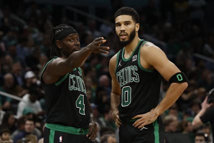 Nov 1, 2023; Boston, Massachusetts, USA; Boston Celtics guard Jrue Holiday (4) talks with forward Jayson Tatum (0) during the second half against the Indiana Pacers at TD Garden. Mandatory Credit: Winslow Townson-USA TODAY Sports