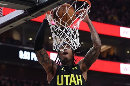 Nov 1, 2023; Salt Lake City, Utah, USA; Utah Jazz guard Jordan Clarkson (00) dunks the ball against the Memphis Grizzlies in the second quarter at Delta Center. Mandatory Credit: Rob Gray-USA TODAY Sports
