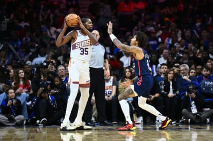 Nov 4, 2023; Philadelphia, Pennsylvania, USA; Phoenix Suns forward Kevin Durant (35) controls the ball against Philadelphia 76ers guard Kelly Oubre Jr (9) in the third quarter at Wells Fargo Center. Mandatory Credit: Kyle Ross-USA TODAY Sports