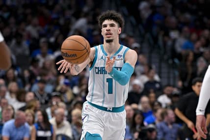 Nov 5, 2023; Dallas, Texas, USA; Charlotte Hornets guard LaMelo Ball (1) passes the ball against the Dallas Mavericks during the second half at the American Airlines Center. Mandatory Credit: Jerome Miron-USA TODAY Sports