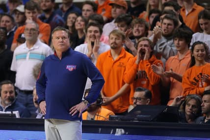 Kansas Jayhawks head coach Bill Self watches during a men's college basketball game between the Oklahoma State University Cowboys and the Kansas Jayhawks at Gallagher-Iba Arena in Stillwater, Okla., Wednesday, Feb. 15, 2023.