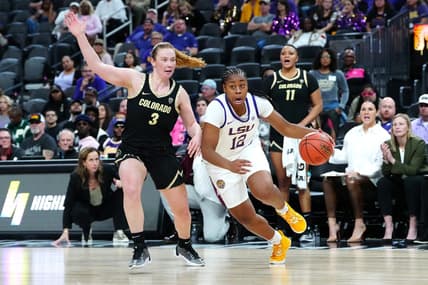 Nov 6, 2023; Las Vegas, Nevada, USA; LSU Lady Tigers guard Mikaylah Williams (12) dribbles against Colorado Buffaloes guard Frida Formann (3) during the second quarter at T-Mobile Arena. Mandatory Credit: Stephen R. Sylvanie-USA TODAY Sports
