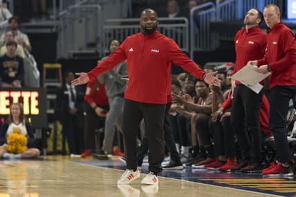 Nov 6, 2023; Milwaukee, Wisconsin, USA;  Northern Illinois Huskies head coach Rashon Burno reacts to a call during the first half against the Marquette Golden Eagles at Fiserv Forum. Mandatory Credit: Jeff Hanisch-USA TODAY Sports