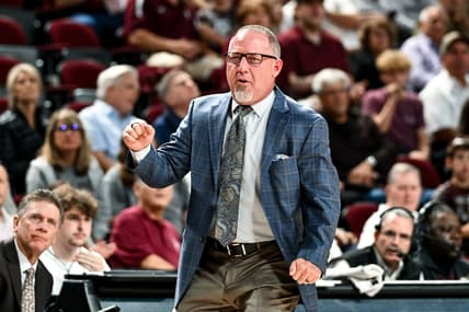 Nov 6, 2023; College Station, Texas, USA; Texas A&M Aggies head coach Buzz Williams reacts during the first half against the Texas A&M Commerce at Reed Arena. Mandatory Credit: Maria Lysaker-USA TODAY Sports