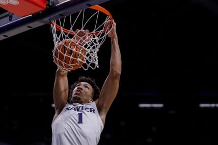 Nov 6, 2023; Cincinnati, Ohio, USA; Xavier Musketeers guard Desmond Claude (1) dunks on the Robert Morris Colonials in the first half at Cintas Center. Mandatory Credit: Katie Stratman-USA TODAY Sports