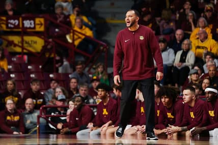 Nov 6, 2023; Minneapolis, Minnesota, USA; Minnesota Golden Gophers head coach Ben Johnson reacts during the first half against the Bethune-Cookman Wildcats at Williams Arena. Mandatory Credit: Matt Krohn-USA TODAY Sports