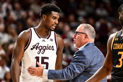 Nov 6, 2023; College Station, Texas, USA; Texas A&M Aggies head coach Buzz Williams speaks with Henry Coleman III during a time out in the second half against the Texas A&M Commerce at Reed Arena. Mandatory Credit: Maria Lysaker-USA TODAY Sports