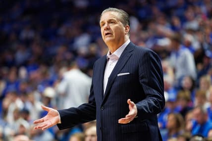 Nov 6, 2023; Lexington, Kentucky, USA; Kentucky Wildcats head coach John Calipari reacts during the second half against the New Mexico State Aggies at Rupp Arena at Central Bank Center. Mandatory Credit: Jordan Prather-USA TODAY Sports
