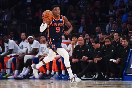 Nov 6, 2023; New York, New York, USA; New York Knicks shooting guard RJ Barrett (9) dribbles the ball up the court against the Los Angeles Clippers during the first half at Madison Square Garden. Mandatory Credit: Gregory Fisher-USA TODAY Sports