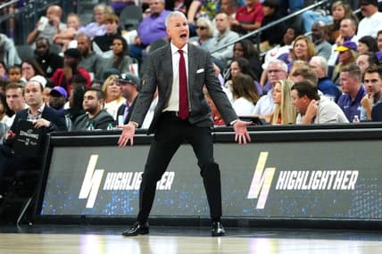 Nov 6, 2023; Las Vegas, Nevada, USA; USC Trojans head coach Andy Enfield reacts after a play against the Kansas State Wildcats during the first half at T-Mobile Arena. Mandatory Credit: Stephen R. Sylvanie-USA TODAY Sports