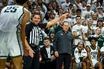 Michigan State's head coach Tom Izzo, right, reacts as a referee call for James Madison possession after the ball went off Malik Hall during overtime on Monday, Nov. 6, 2023, in East Lansing.