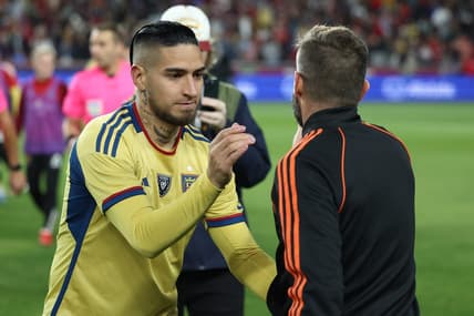 Nov 6, 2023; Sandy, Utah, USA;  Real Salt Lake forward Cristian Arango (9) following the victory against Houston Dynamo at America First Field. Mandatory Credit: Rob Gray-USA TODAY Sports
