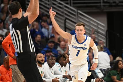 Nov 7, 2023; Omaha, Nebraska, USA;  Creighton Bluejays guard Steven Ashworth (1) celebrates a three-point basket against the Florida A&M Rattlers at CHI Health Center Omaha. Mandatory Credit: Steven Branscombe-USA TODAY Sports