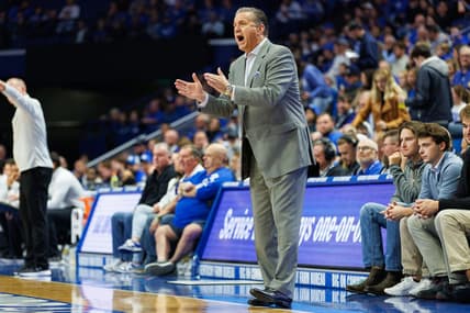 Nov 10, 2023; Lexington, Kentucky, USA; Kentucky Wildcats head coach John Calipari coaches during the first half against the Texas A&M Commerce Lions at Rupp Arena at Central Bank Center. Mandatory Credit: Jordan Prather-USA TODAY Sports