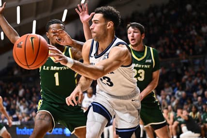 Nov 10, 2023; Villanova, Pennsylvania, USA; Villanova Wildcats forward Tyler Burton (23) passes the ball against the Le Moyne Dolphins in the first half at William B. Finneran Pavilion. Mandatory Credit: Kyle Ross-USA TODAY Sports