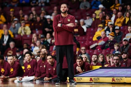 Nov 10, 2023; Minneapolis, Minnesota, USA; Minnesota Golden Gophers head coach Ben Johnson looks on during the first half against the Texas-San Antonio Roadrunners at Williams Arena. Mandatory Credit: Matt Krohn-USA TODAY Sports