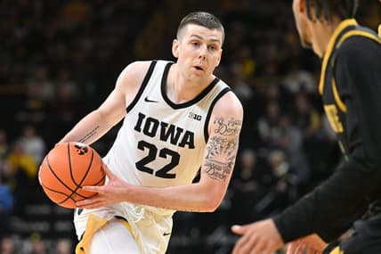 Nov 10, 2023; Iowa City, Iowa, USA; Iowa Hawkeyes forward Patrick McCaffery (22) goes to the basket against the Alabama State Hornets during the first half at Carver-Hawkeye Arena. Mandatory Credit: Jeffrey Becker-USA TODAY Sports