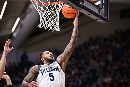 Nov 10, 2023; Villanova, Pennsylvania, USA; Villanova Wildcats guard Justin Moore (5) shoots against the Le Moyne Dolphins in the first half at William B. Finneran Pavilion. Mandatory Credit: Kyle Ross-USA TODAY Sports