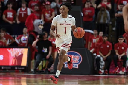 Nov 10, 2023; Piscataway, New Jersey, USA; Rutgers Scarlet Knights guard Jamichael Davis (1) dribbles up court  during the second half against the Boston University Terriers at Jersey Mike's Arena. Mandatory Credit: Vincent Carchietta-USA TODAY Sports