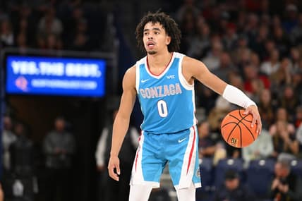 Nov 10, 2023; Spokane, Washington, USA; Gonzaga Bulldogs guard Ryan Nembhard (0) controls the ball against the Yale Bulldogs in the second half at McCarthey Athletic Center. Gonzaga Bulldogs won 86-71. Mandatory Credit: James Snook-USA TODAY Sports