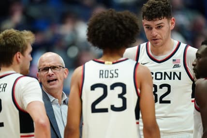 Nov 11, 2023; Hartford, Connecticut, USA; UConn Huskies head coach Dan Hurley talks to his players from the sideline as they take on the Stonehill Skyhawks at XL Center. Mandatory Credit: David Butler II-USA TODAY Sports