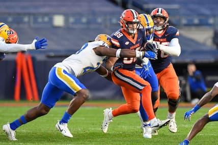 Nov 11, 2023; New York, New York, USA;  Pittsburgh Panthers defensive back Noah Biglow (28) attempts a tackle ion Syracuse Orange tight end Dan Villari (89) during the first half at Yankee Stadium. Mandatory Credit: Dennis Schneidler-USA TODAY Sports