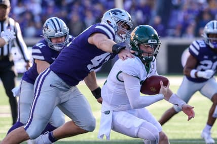 Nov 11, 2023; Manhattan, Kansas, USA; Baylor Bears quarterback Blake Shapen (12) is sacked by Kansas State Wildcats defensive end Cody Stufflebean (47) during the second quarter at Bill Snyder Family Football Stadium. Mandatory Credit: Scott Sewell-USA TODAY Sports