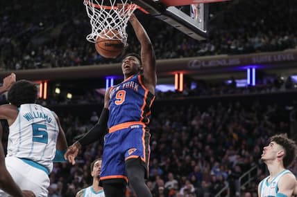 Nov 12, 2023; New York, New York, USA;  New York Knicks guard RJ Barrett (9) dunks in the second quarter against the Charlotte Hornets at Madison Square Garden. Mandatory Credit: Wendell Cruz-USA TODAY Sports