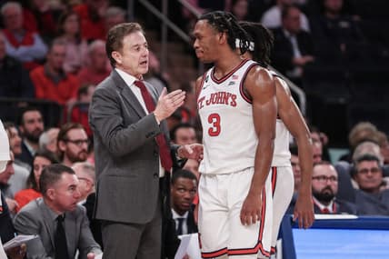 Nov 13, 2023; New York, New York, USA; St. John's Red Storm head coach Rick Pitino talks to guard Jordan Dingle (3) during a timeout in the second half against the Michigan Wolverines at Madison Square Garden. Mandatory Credit: Wendell Cruz-USA TODAY Sports