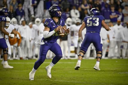 Nov 11, 2023; Fort Worth, Texas, USA; TCU Horned Frogs quarterback Josh Hoover (10) in action during the game between the TCU Horned Frogs and the Texas Longhorns at Amon G. Carter Stadium. Mandatory Credit: Jerome Miron-USA TODAY Sports