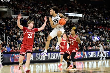 Nov 14, 2023; Providence, Rhode Island, USA; Providence Friars guard Devin Carter (22) grabs a pass during the first half against the Wisconsin Badgers at Amica Mutual Pavilion. Mandatory Credit: Eric Canha-USA TODAY Sports