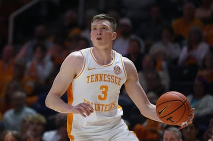 Nov 14, 2023; Knoxville, Tennessee, USA; Tennessee Volunteers guard Dalton Knecht (3) moves the ball against the Wofford Terriers during the second half at Thompson-Boling Arena at Food City Center. Mandatory Credit: Randy Sartin-USA TODAY Sports