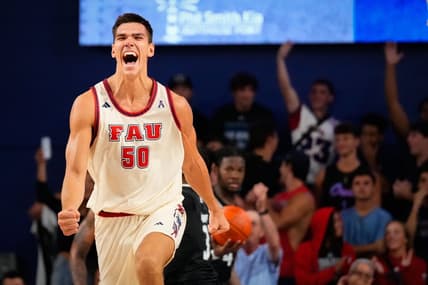 Nov 14, 2023; Boca Raton, Florida, USA; Florida Atlantic Owls center Vladislav Goldin (50) celebrates scoring against the Eastern Michigan Eagles during the second half at Eleanor R. Baldwin Arena. Mandatory Credit: Rich Storry-USA TODAY Sports