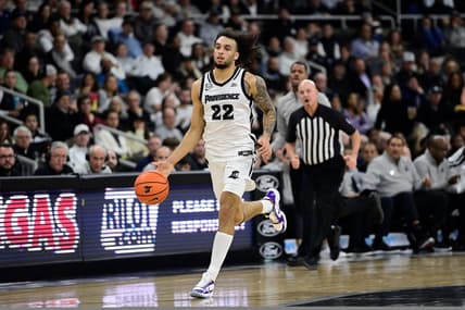 Nov 14, 2023; Providence, Rhode Island, USA; Providence Friars guard Devin Carter (22) drives up the court during the first half against the Wisconsin Badgers at Amica Mutual Pavilion. Mandatory Credit: Eric Canha-USA TODAY Sports
