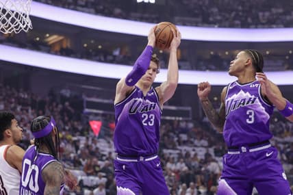 Nov 14, 2023; Salt Lake City, Utah, USA; Utah Jazz forward Lauri Markkanen (23) grabs the rebound during the first quarter against the Portland Trail Blazers at Delta Center. Mandatory Credit: Chris Nicoll-USA TODAY Sports