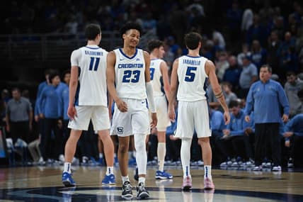 Nov 14, 2023; Omaha, Nebraska, USA; Creighton Bluejays guard Trey Alexander (23) reacts to late game action against the Iowa Hawkeyes in the second half at CHI Health Center Omaha. Mandatory Credit: Steven Branscombe-USA TODAY Sports