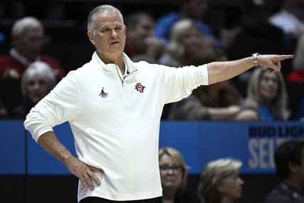 Nov 14, 2023; San Diego, California, USA; San Diego State Aztecs head coach Brian Dutcher gestures from the sideline against the Long Beach State 49ers during the second half at Viejas Arena. Mandatory Credit: Orlando Ramirez-USA TODAY Sports