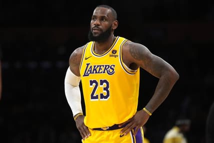 Nov 15, 2023; Los Angeles, California, USA; Los Angeles Lakers forward LeBron James (23) reacts in the second half against the Sacramento Kings at Crypto.com Arena. Mandatory Credit: Kirby Lee-USA TODAY Sports