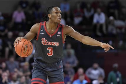 Nov 17, 2023; Charleston, SC, USA; St. John's Red Storm guard Jordan Dingle (3) brings the ball up court in the first half against the Dayton Flyers at TD Arena. Mandatory Credit: David Yeazell-USA TODAY Sports
